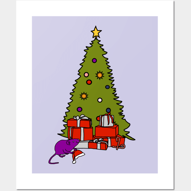 Rat with Santa Hat and Christmas Tree Wall Art by ellenhenryart